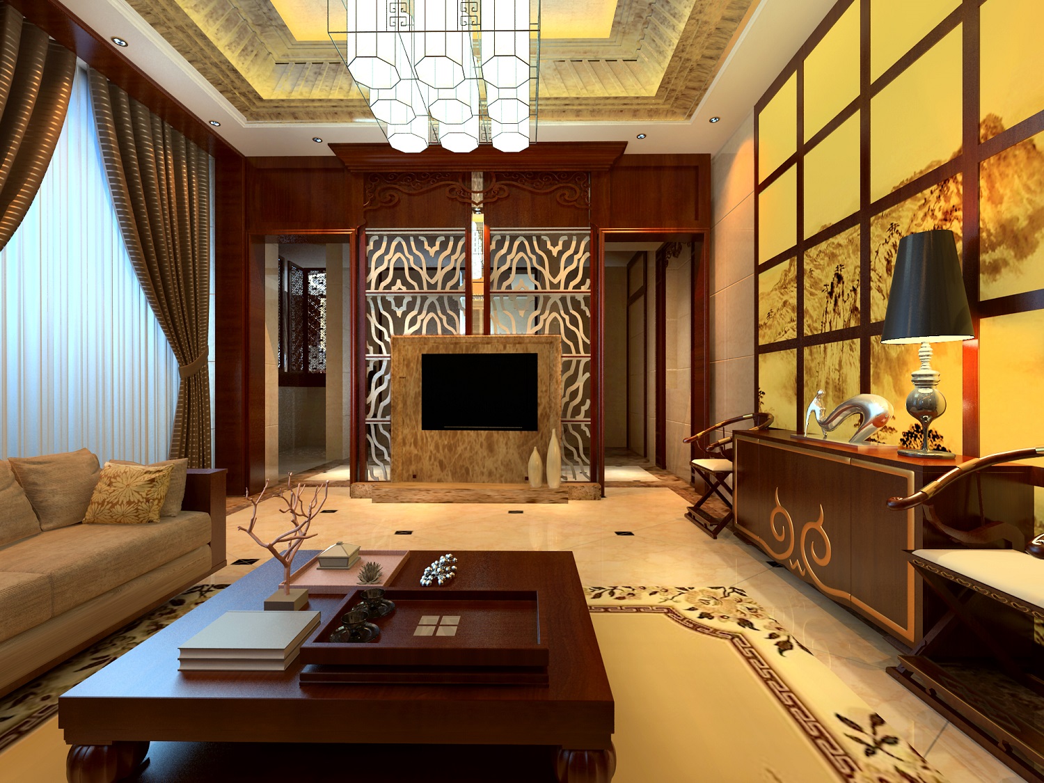 青岛青特城别墅中式风格会客室装修效果图