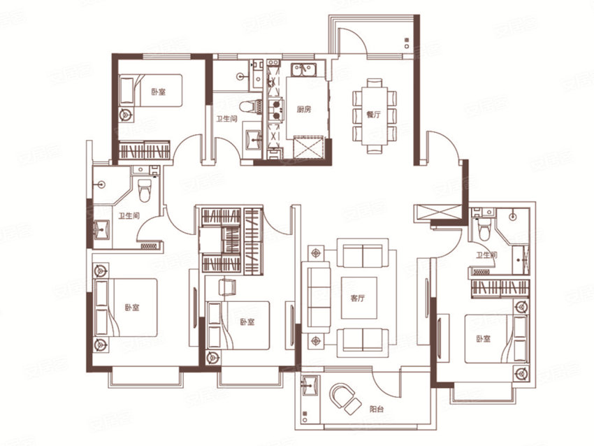 158㎡户型， 4室2厅3卫1厨， 建筑面积约158.00平米